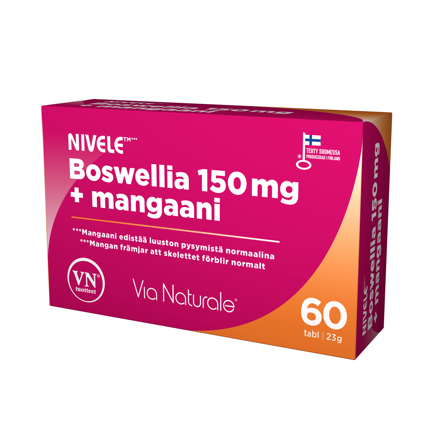 Nivele Boswellia 150 mg + Mangaani; vaaleanpunainen ja oranssi rasia Nivele Boswellia 150 mg + mangaani -ravintolisää suomenkielisellä tekstillä, sisältää 60 tablettia Via Naturale -merkillä nivelterveyden tueksi; matta pahvipakkaus, suorakulmainen muoto, valkoinen ja lihavoitu groteskikirjasin etupaneelissa; kuva näyttää vain avaamattoman rasian tasaista neutraalia taustaa vasten, ei ihmisiä tai käsiä.
