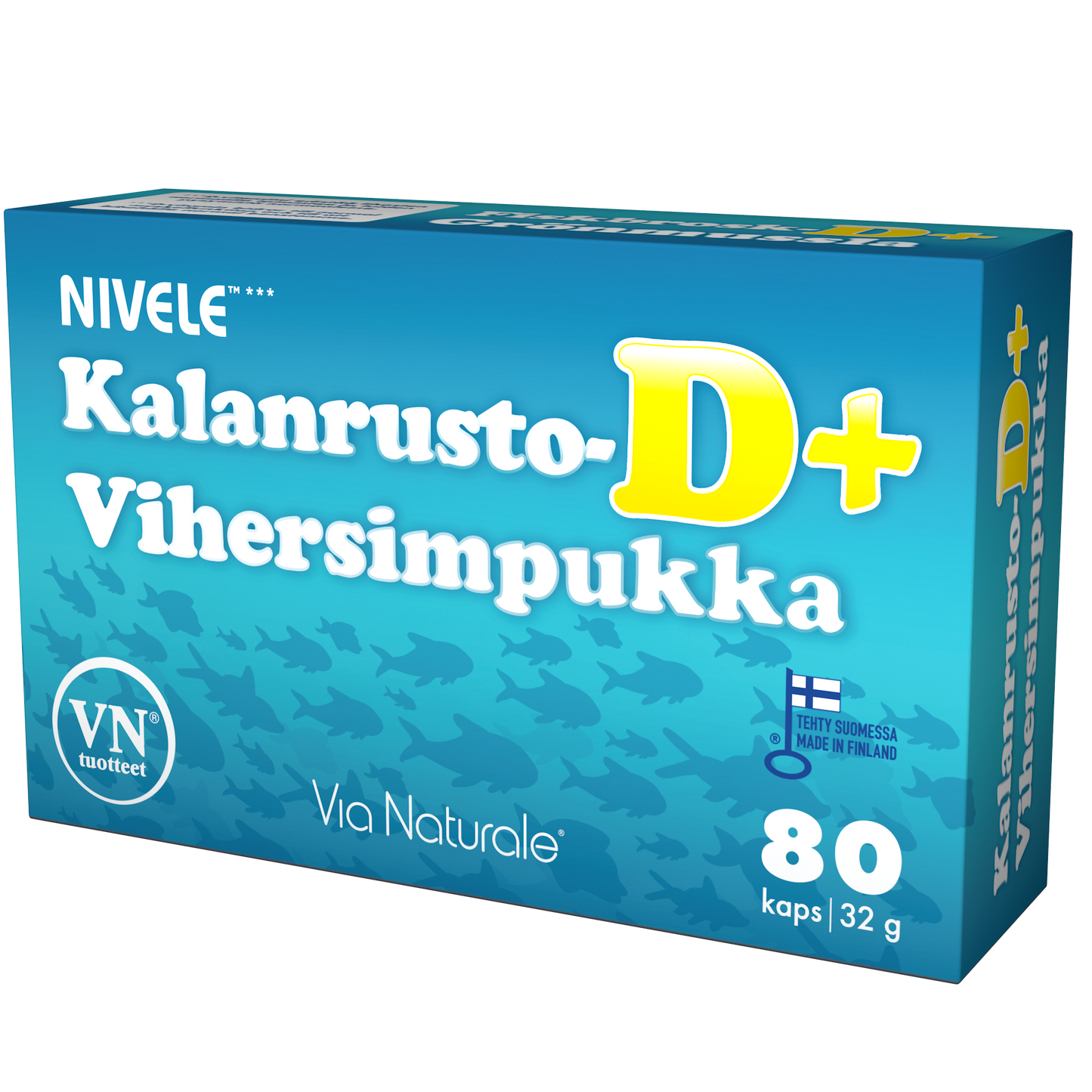 Nivele Kalanrusto-Vihersimpukka D+; sininen pakkaus Nivele Kalanrust-D+ Viherisimpukka -ravintolisää varten, 80 kapselia, Suomen lippu ja kalan siluetteja pakkauksessa; suorakaiteen muotoinen laatikko mattapinnalla, lihavoitua valkoista ja vihreää groteskitekstiä; tuotenimi ja annostustiedot selkeästi painettu etuosaan; ei ihmisiä tai käsiä; valkoinen tausta studiokuvassa.