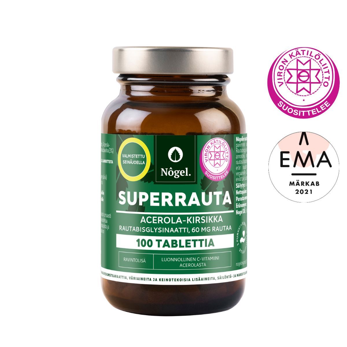 Nôgel Superrauta, 100 asero-kirsikkarautatablettia; ruskea pullo mattapinnalla ja valkoisella korkilla, lieriömäinen; etiketissä vihreää ja valkoista groteskitekstiä tuotetiedoin; kaksi pyöreää sertifiointilogoa pullon oikealla puolella vaalealla taustalla; ei ihmisiä tai käsiä kuvassa.