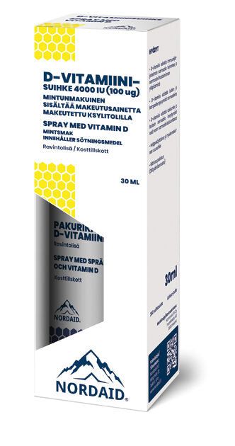 Nordaid D-Vitamiini-suihke, 4000 IU (100 µg), 30 ml; valkoinen pakkaus sinisin korostuksin, suomen- ja ruotsinkielistä tekstiä; mattapinta, suorakulmainen muoto; groteskityyppistä etikettitekstiä; ei ihmisiä; vaalea, siisti tausta; tuotekuva ilman muuta rekvisiittaa.