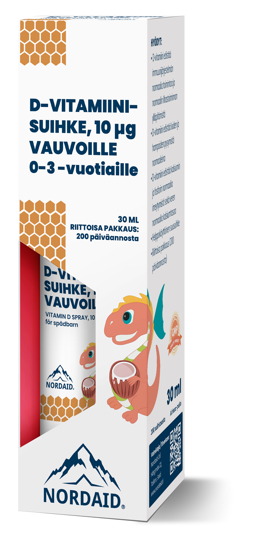 Nordaid D-vitamiinisuihke 10 mikrog Vauvoille; laatikko D-vitamiinisuihketta 0–3-vuotiaille lapsille, kuvassa sarjakuvamainen dinosaurus kookospähkinän kanssa ja suomenkielistä tuotetietoa; ravintolisän pakkaus on suorakulmainen ja mattavalkoinen, sinisin ja oranssein korostein; lihavoitu groteskitypografia esittää brändin ja annostustiedot; ei ihmisiä tai käsiä näkyvissä; tausta vaalea ja yksinkertainen.