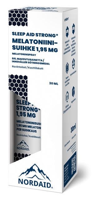 NORD AID Sleep Aid Strong Melatonin Spray -pakkaus, 1,95 mg, 30 ml, rauhoittavin sinisin korostuksin valkoisella pohjalla; laatikko suorakulmainen mattapinnalla, näyttää tuotenimen ja annostuksen lihavoidulla tekstausvapaalla tekstillä sekä tiedot englanniksi ja suomeksi; ei ihmisiä tai muita esineitä näkyvissä; yksinkertainen valkoinen studioasetelma.