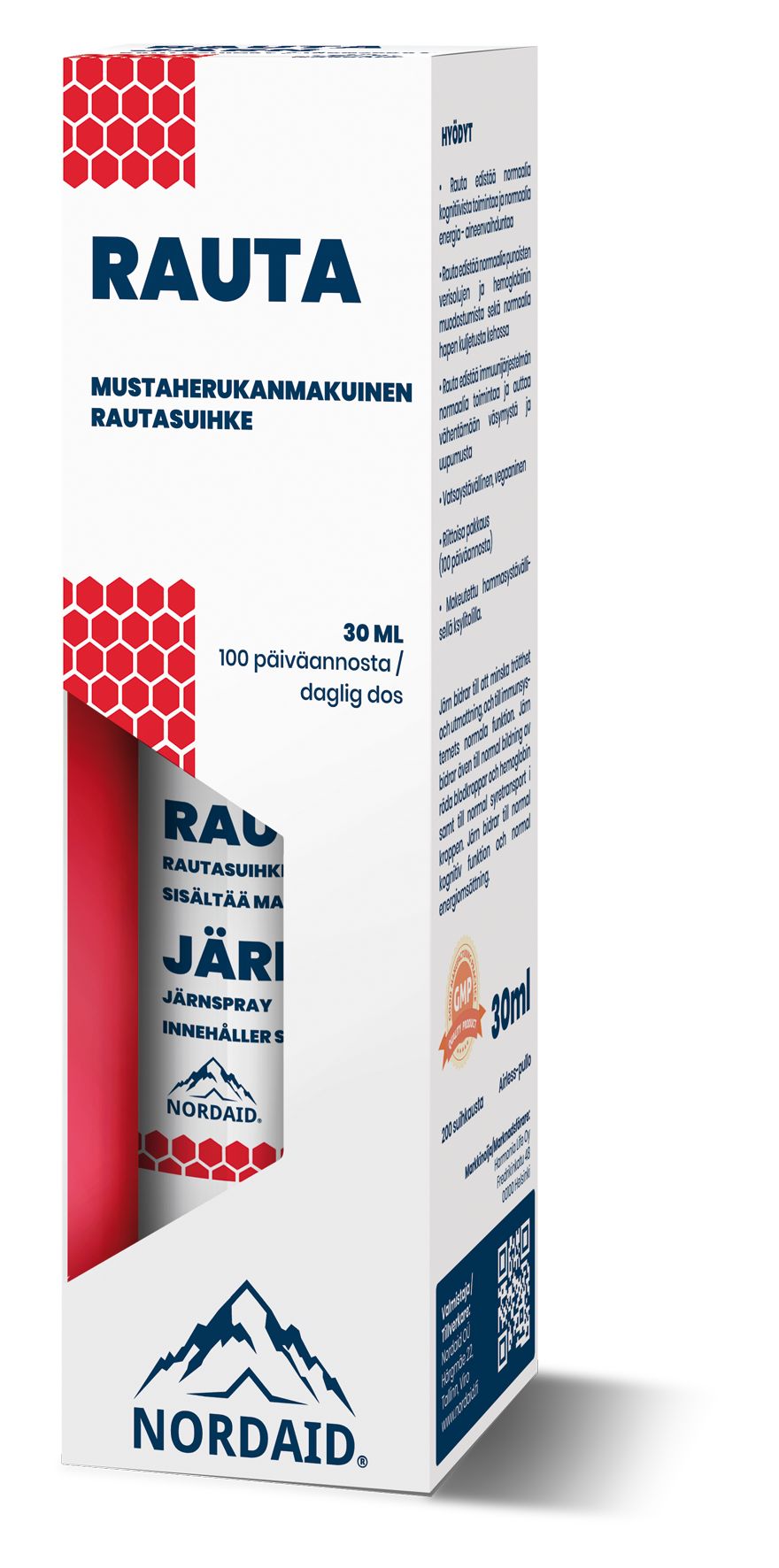 NORD AID RAUTA -rautasuihke, 30 ml; valkoinen ja punainen pakkaus, suomenkielistä tekstiä, hunajakennokuvio ja vuorilogo; suorakulmainen, mattapintainen rasia; lihavoitua groteskityyppiä mustalla ja punaisella; tietoa aseteltu lohkoihin pakkauksen kyljessä; ei ihmisiä, vaalea tausta.