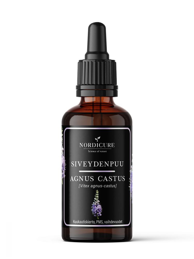 A brown glass dropper bottle with a matte finish. The label shows the text Siveydenpuu Agnus Castus by Nordicure, and includes a detailed illustration of purple flowers. Sans-serif font is used for all label text, including information about support for PMS and menstrual cycles with natural botanicals. Plain light background; no people or hands in frame. Straight-on product shot.
