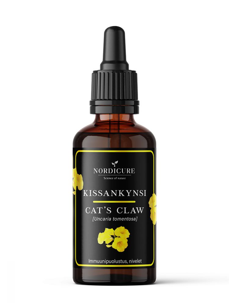 A brown glass dropper bottle with a glossy finish and cylindrical shape has a black plastic cap attached to a dropper. The paper label wraps around the bottle, displaying “NORDICURE Cats Claw” in large, bold sans-serif letters, yellow flower illustrations, and text in both Finnish and English. The background is plain white. No people or hands are present in the shot. A brown glass dropper bottle labeled NORDICURE Cats Claw features yellow flower graphics, Finnish and English text, and a black cap with