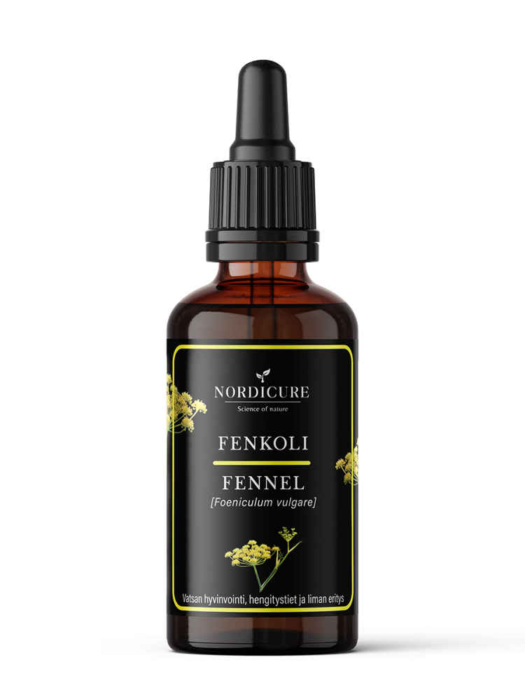 NordiCure Fennel 1:3; ruskea lasinen tiputinpullo tekstillä "Fenkoli Fennel by Nordicure", keltaisia fenkolikuvituksia ja kaksikielistä suomen- ja englanninkielistä tekstiä valkoisella taustalla; lieriön muotoinen pullo mustalla uritetulla tiputinkorkilla, lasin pinta puolikiiltävä ja etiketti mattavalkoinen; selkeästi luettava sans-serif-fontti etiketissä; ei ihmisiä tai käsiä; kuva keskitetty neutraalia taustaa vasten.