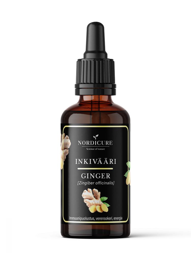 A brown glass dropper bottle labeled Nordicure Inkivääri Ginger, featuring ginger illustrations and black, gold, and white design accents. Cylindrical shape with a black plastic dropper cap. Label has both bold sans-serif and serif fonts in uppercase letters. Matte label finish. Solid white background in a close-up studio shot. No people or hands present.