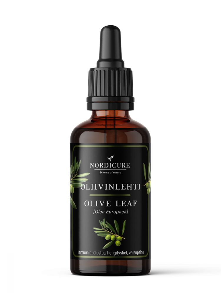 A brown glass dropper bottle with a glossy finish stands upright. The label is white with green and black sans-serif text and includes the product name NORDICURE Olive Leaf, small images of olive branches, and text in both Finnish and English mentioning immunity and respiratory health. The cap is black plastic. Background is plain white with even lighting. No people or hands visible.