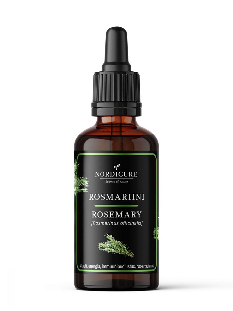 A brown glass dropper bottle labeled Nordicure Rosmariini Rosemary, featuring images of rosemary sprigs, a black dropper cap, and green accents. Label text is in Estonian and includes benefits for energy, immunity, and digestion. The label uses sans-serif fonts. The bottle stands upright against a plain white background with no people or props visible.
