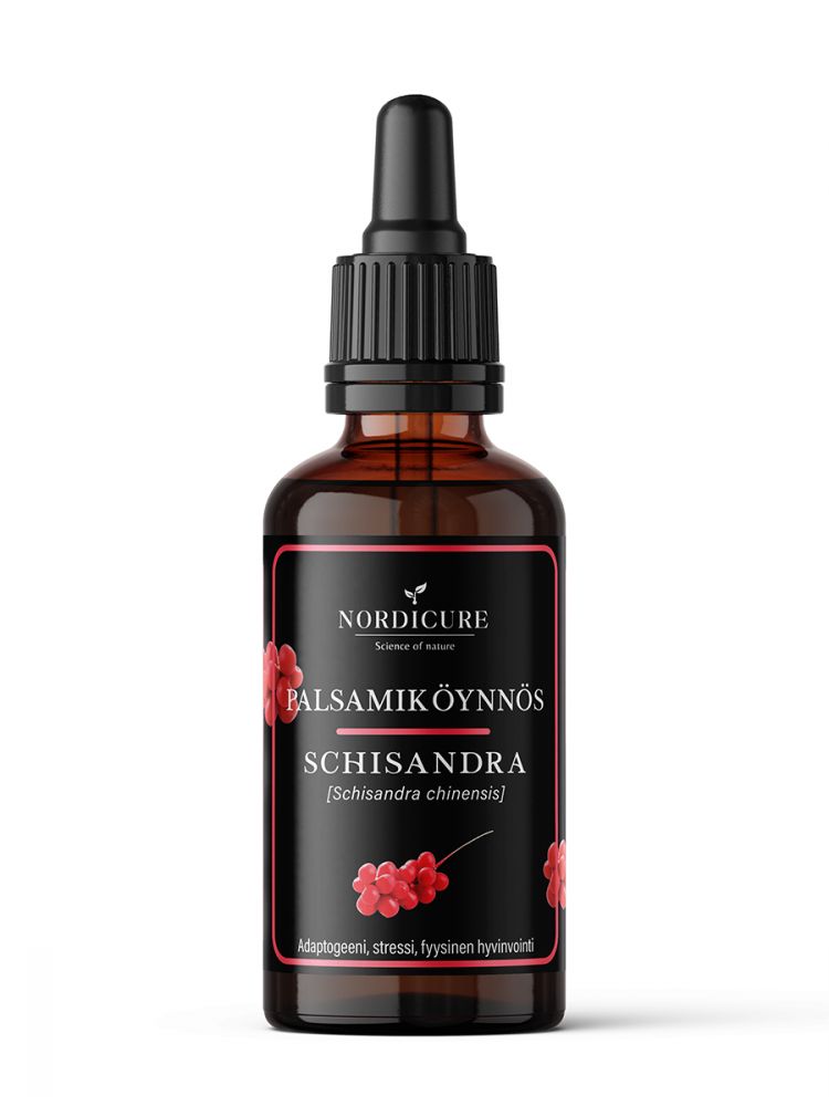 A dark glass dropper bottle with a matte finish has a rectangular label. The label displays the brand name “Nordicure,” product name “Balsamiköynnös Schisandra,” and images of red berries, with Finnish text about adaptogens and stress support for physical well-being. Typography is clean and legible with varying font sizes. No people or hands are visible. Plain background in studio lighting. A dark glass dropper bottle labeled Nordicure Balsamiköynnös Schisandra features images of red berries and Finnish