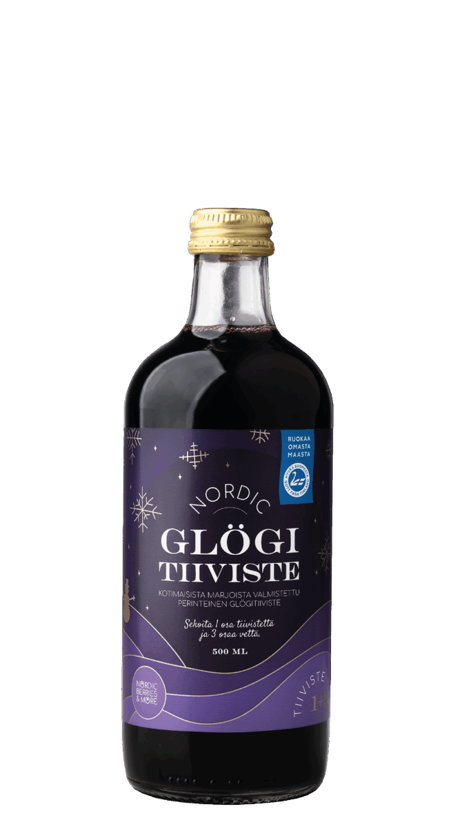Kirkas lasipullo kultaisella korkilla, täynnä tummaa nestettä. Runko on lieriömäinen, ja pinta on kiiltävä. Violetissa mattaetiketissä on lihavoitua valkoista pääteviivatonta tekstiä 'Nordic Glögi Tiiviste', kuvituksena lumihiutaleita ja tähtiä. Muuta pakkausta, ihmisiä tai käsiä ei näy. Neutraali tausta tasaisessa valaistuksessa tavanomaisessa tuotekuvassa.