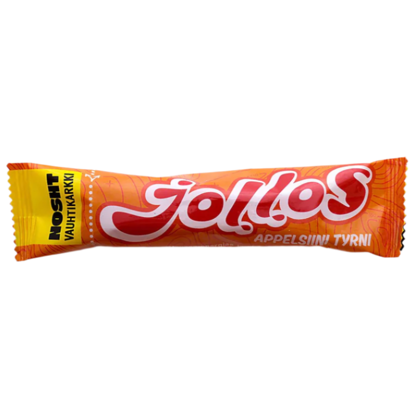 Nosht Jollos Vauhtikarkki Appelsiini-Tyrni; oranssi karkkikääre lihavoidulla valkoisella ja punaisella tekstillä "NOSHT VAUHTIKARKKI" ja "APPELSIINI TYRNI"; kääre suorakulmainen ja kiiltäväpintainen, suuria groteskikirjaimia; vaalea tausta, ei ihmisiä tai käsiä.