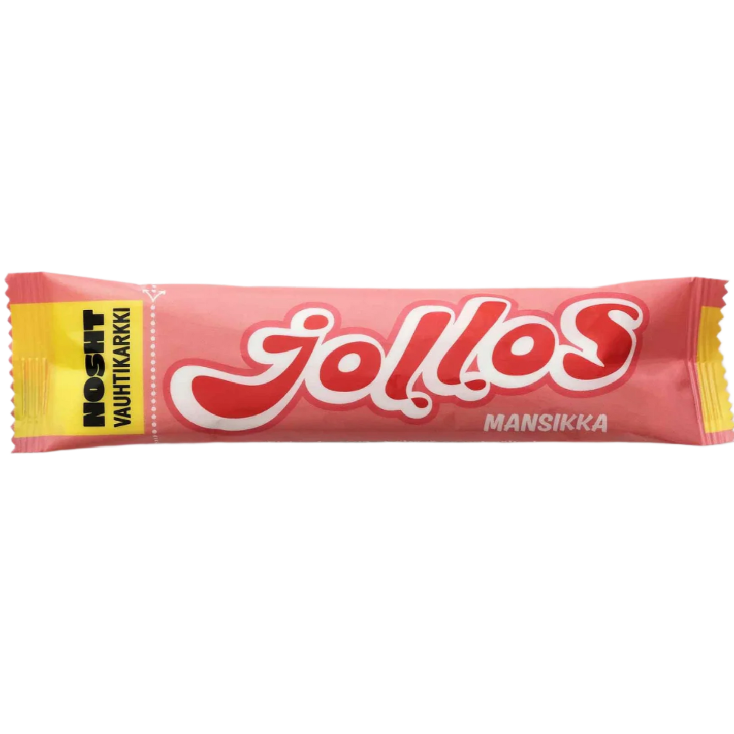 Nosht Jollos Vauhtikarkki Mansikka; vaaleanpunainen ja keltainen kääre karkille tekstillä "Jollos Mansikka" lihavoidulla valkoisella ja punaisella tekstillä; foliokääre kiiltäväpintainen ja suorakulmainen saumatuin reunoin; kulmassa teksti "Nosht Vauhtikarkki" keltaisella pohjalla; ei ihmisiä tai tarvikkeita, neutraali tausta.