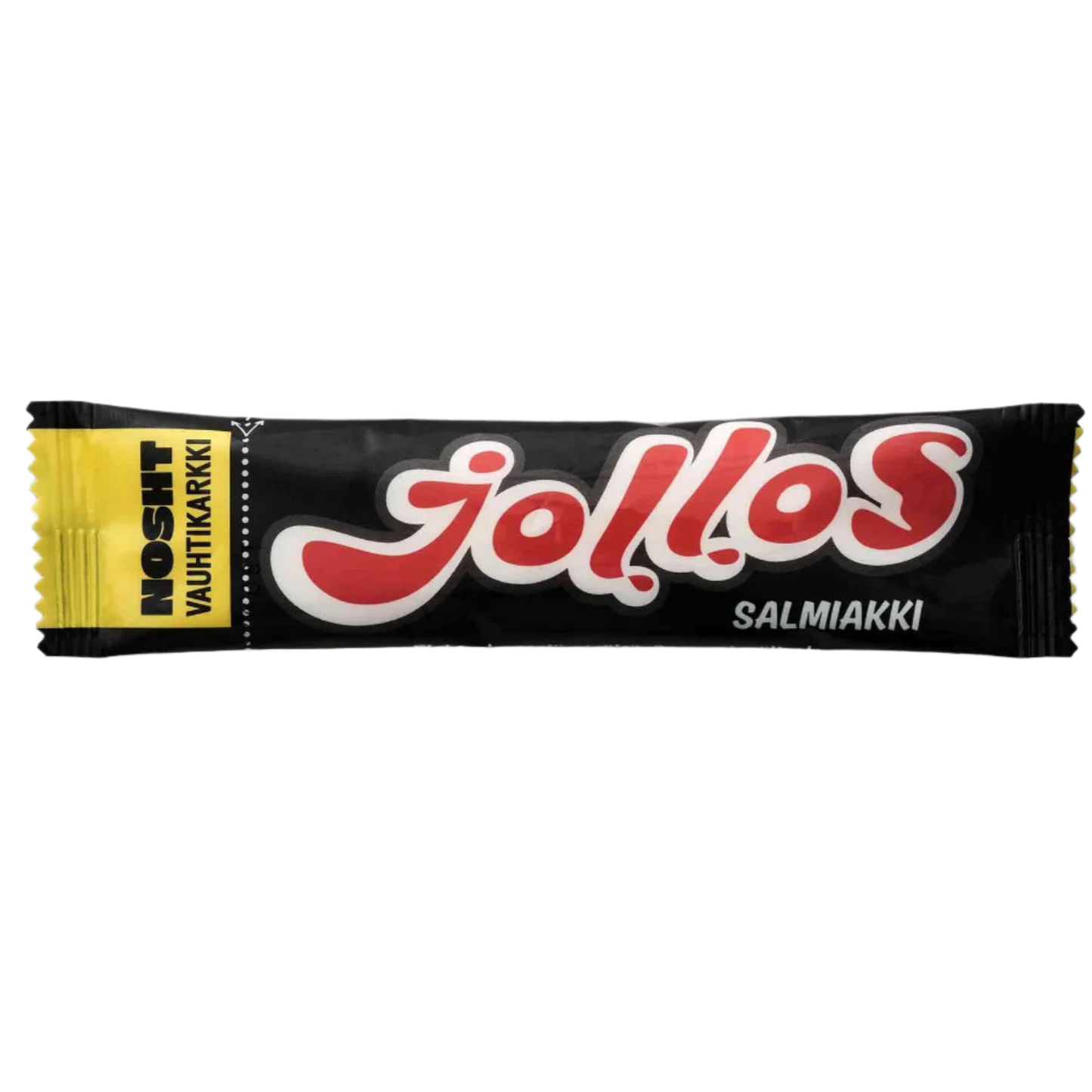 Nosht Jollos Vauhtikarkki Salmiakki; musta karkkikääre lihavoidulla punaisella ja valkoisella tekstillä "Jollos", teksti "Salmiakki" valkoisena, keltainen osio suomenkielisin tekstein vasemmalla puolella; kiiltäväpintainen, terävät suorakulmaiset päät ja suuria groteskikirjasimia; valkoinen tausta, kuvattu ylhäältä, ei ihmisiä tai käsiä.