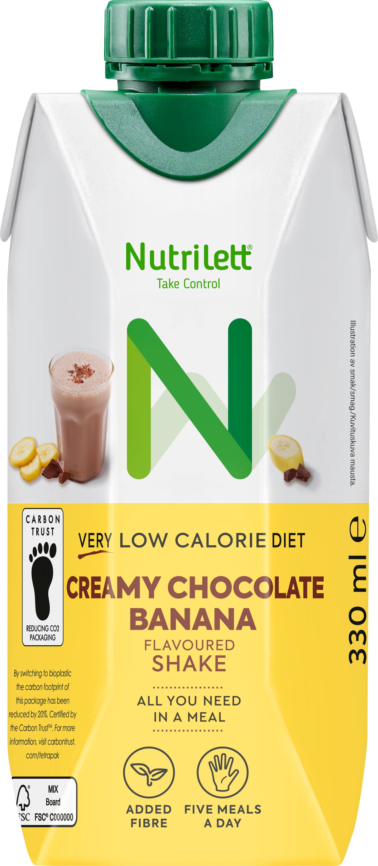 Nutrilett VLCD Creamy Chocolate Banana 12-pack, pakkaus vihreällä korkilla, 330 ml, merkitty erittäin vähäkaloriseksi, lisätyllä kuidulla ja ateriankorvaajaksi, kuvituksena lasi juomaa ja banaaniviipaleita; pakkaus suorakulmainen kiiltäväpintainen lihavoiduin kirjaimin etusivulla; tuote kuvattu valkoista taustaa vasten, ei ihmisiä eikä muita esineitä näkyvissä.