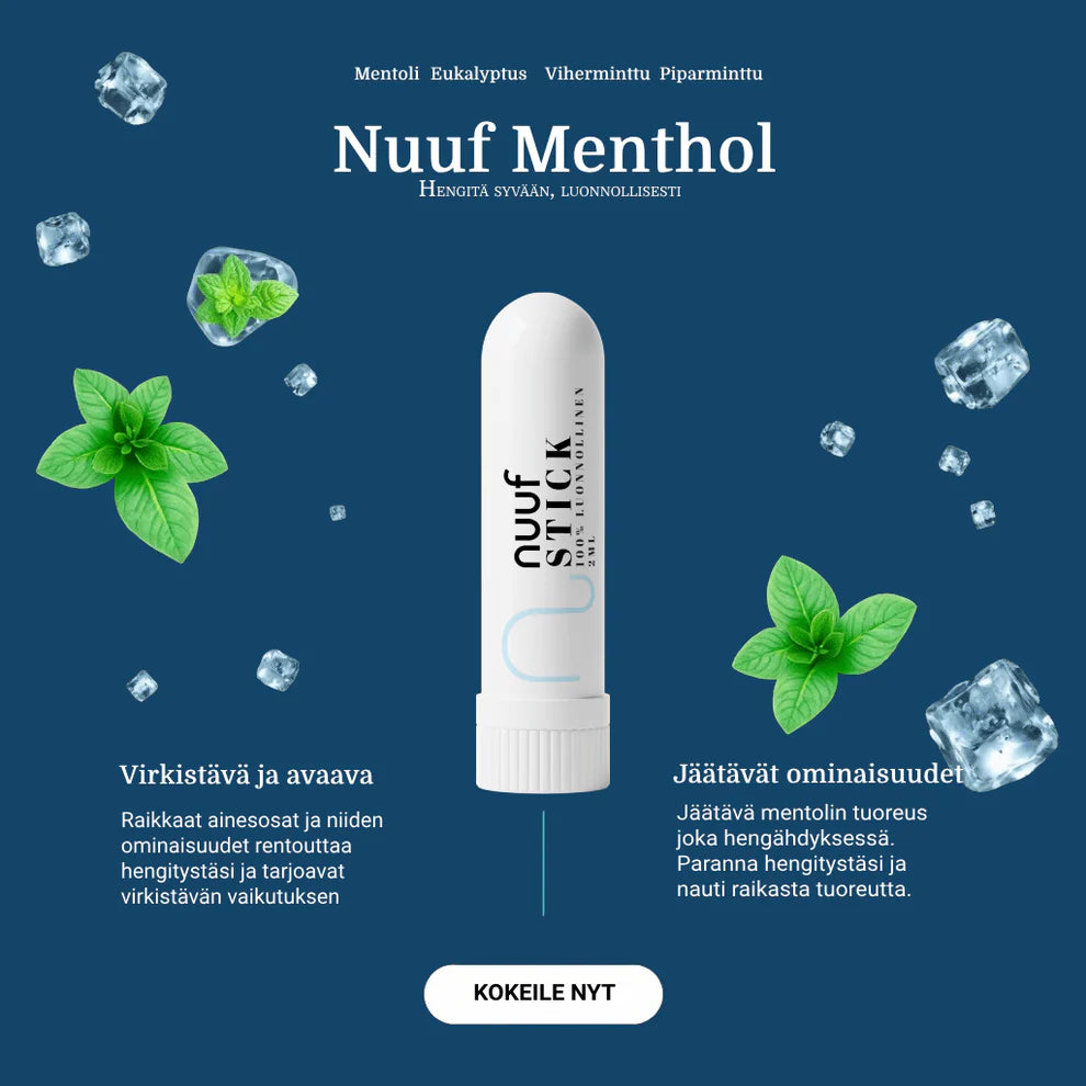 Nuuf Menthol; Nuuf Menthol -inhalaattori mentolilla, eukalyptuksella ja piparminttuöljyllä; tuote esitetty kiiltävässä pakkauksessa yksivärisen sinisen taustan edessä, kuvitettuja jääpaloja; lihava groteskiteksti kertoo tuoteominaisuuksista ja vaikutuksista; ”Kokeile nyt” -painike sijaitsee kuvan alaosassa; ei ihmisiä tai käsiä näkyvissä.