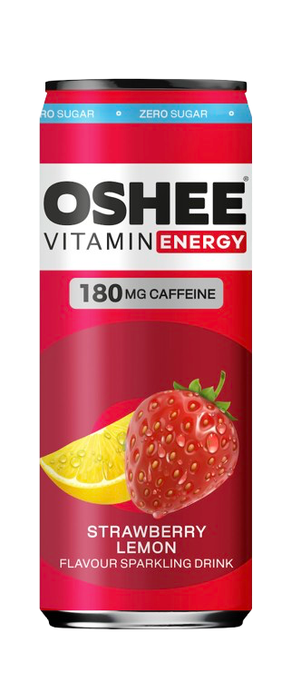 OSHEE Energy Drink Strawberry & Lemon Zero; punainen kiiltävä alumiinitölkki OSHEE Vitamin Energy Strawberry Lemon -kuohuvaa juomaa painetuin kuvin mansikasta ja sitruunalohkosta; sylinterin muotoinen; lihavoitu groteskikirjasin valkoisena ja mustana, luettavissa 180 mg kofeiinia, lisätyt vitamiinit ja sokerittomuus; tuote yksinään tasaisella taustalla suoraviivaisessa kuvassa.