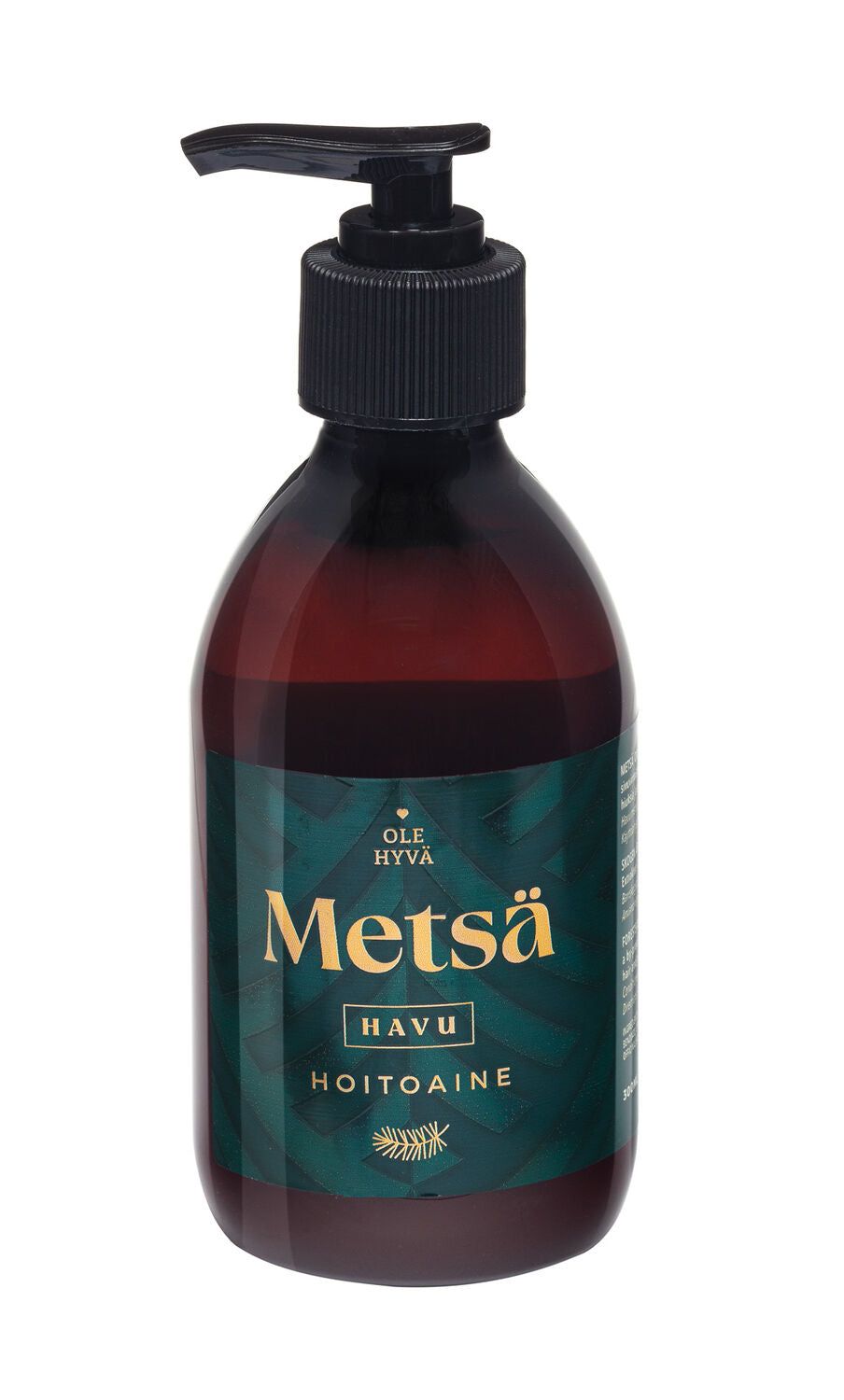 A brown plastic pump bottle labeled Ole Hyvä Metsä Havu Hoitoaine, featuring forest-inspired green and gold accents, stands against a white background. The bottle has a matte finish and rounded shoulders that taper towards the base. The pump is black plastic. The label uses sans-serif text in varying font weights. No people or other objects are visible.