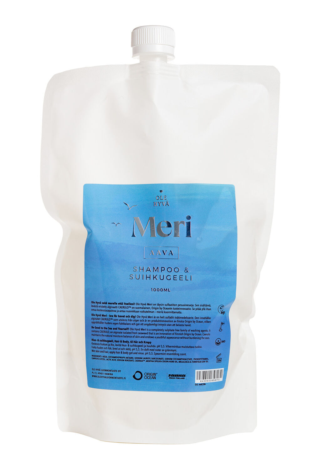 Ole Hyvä Meri Aava Shampoo & Suihkugeeli, valkoinen täyttöpussi sinisellä etiketillä tekstillä "Meri Aava Shampoo & Suihkugeeli 1000 ml"; pussi suorakulmainen pyöristetyin reunoin ja valkoinen kierrekorkki yläosassa; pinta mattaa; pelkistetyt lintu- ja aaltokuvakkeet sinisenä; etiketti yksinkertaisella groteskitypografialla; kuvattu yksinkertaista taustaa vasten, ei ihmisiä näkyvissä, tavanomainen tuotekuvakulma.