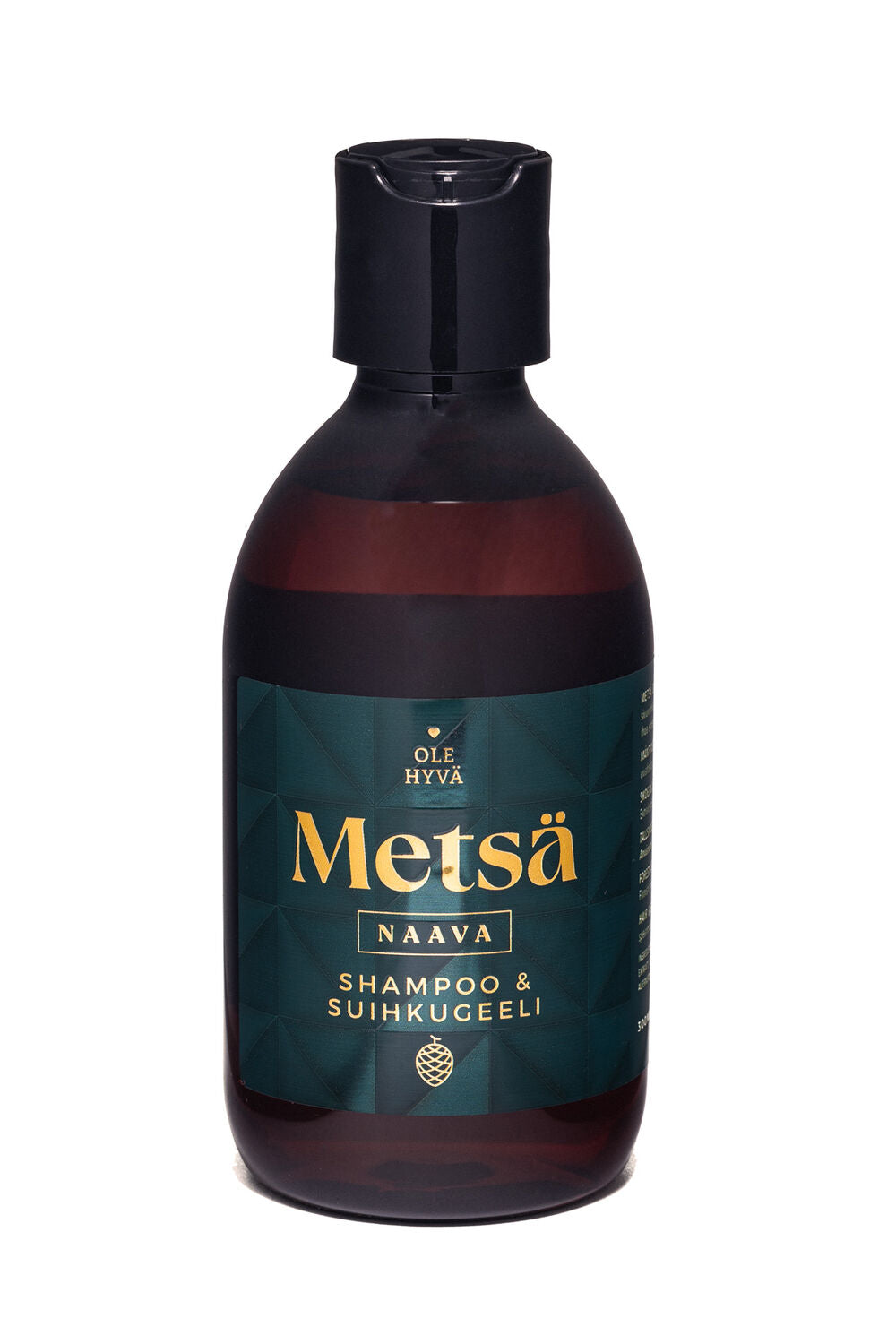 Tumman ruskea pullo mustalla läppäkorkilla, jossa lukee Ole Hyvä Metsä Naava Shampoo & Suihkugeeli, etiketti tummanvihreä kultaisin ja valkoisin tekstein; pullo lieriömäinen muovia mattapinnalla; etiketin kirjasin groteskia sekä osittain käsialatyylistä; kuva otettu yksinkertaisella taustalla, näytöllä vain pystyssä seisova tuote.