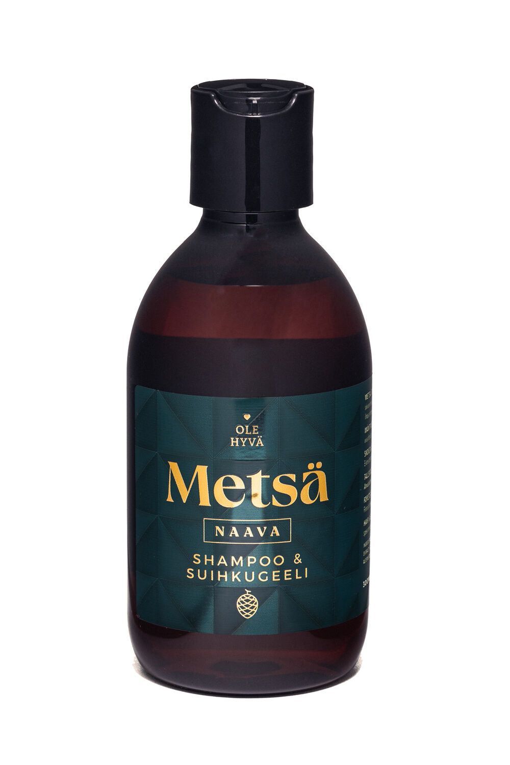 Tumman ruskea pullo mustalla läppäkorkilla, jossa lukee Ole Hyvä Metsä Naava Shampoo & Suihkugeeli, etiketti tummanvihreä kultaisin ja valkoisin tekstein; pullo lieriömäinen muovia mattapinnalla; etiketin kirjasin groteskia sekä osittain käsialatyylistä; kuva otettu yksinkertaisella taustalla, näytöllä vain pystyssä seisova tuote.