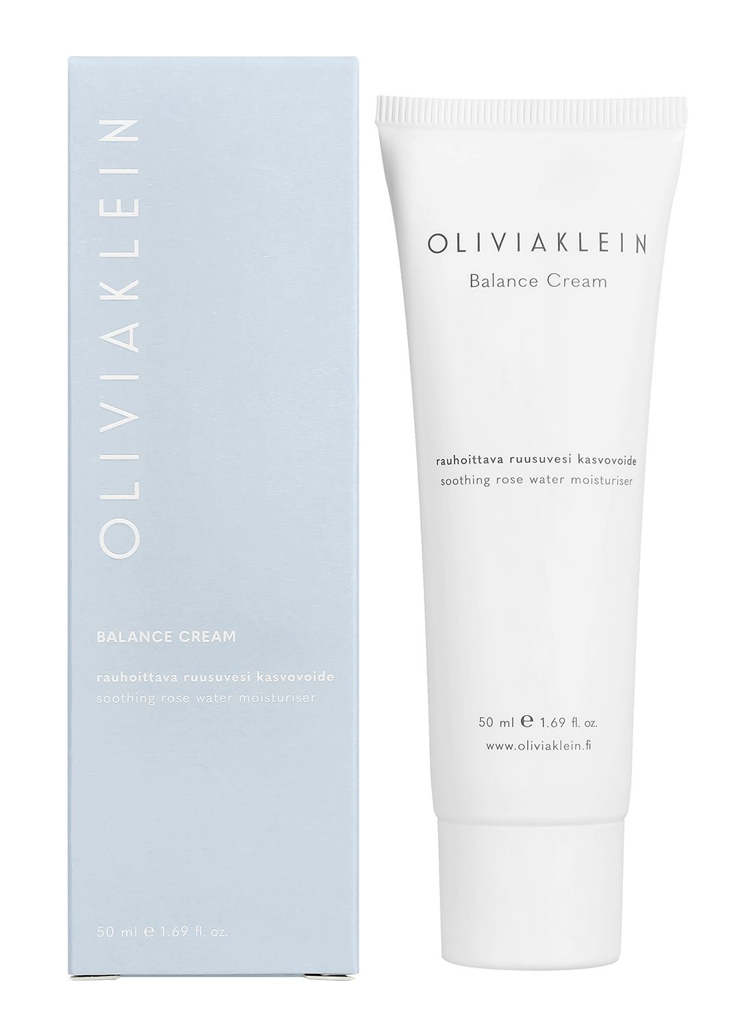 A light blue rectangular box and a white cylindrical tube, both with a matte finish, feature sans-serif typography labeling them as OLIVIAKLEIN Balance Cream, a soothing rose water moisturizer, 50 ml. Packaging displays English and Finnish text. Both items are upright against a neutral background with no visible hands or props.