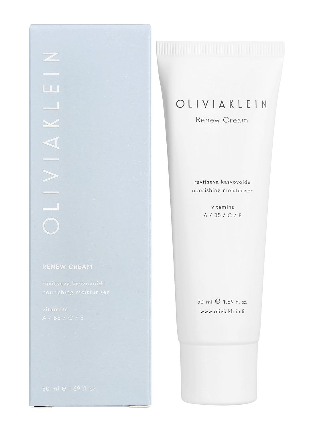 A white tube and matching rectangular box of Oliviaklein Renew Cream, both with matte finish, stand upright on a plain white background. Both packages display minimal sans-serif black text listing the product name, nourishing moisturizer, vitamins A, B5, C, E, and 50 ml. No people or additional objects are present in the image.