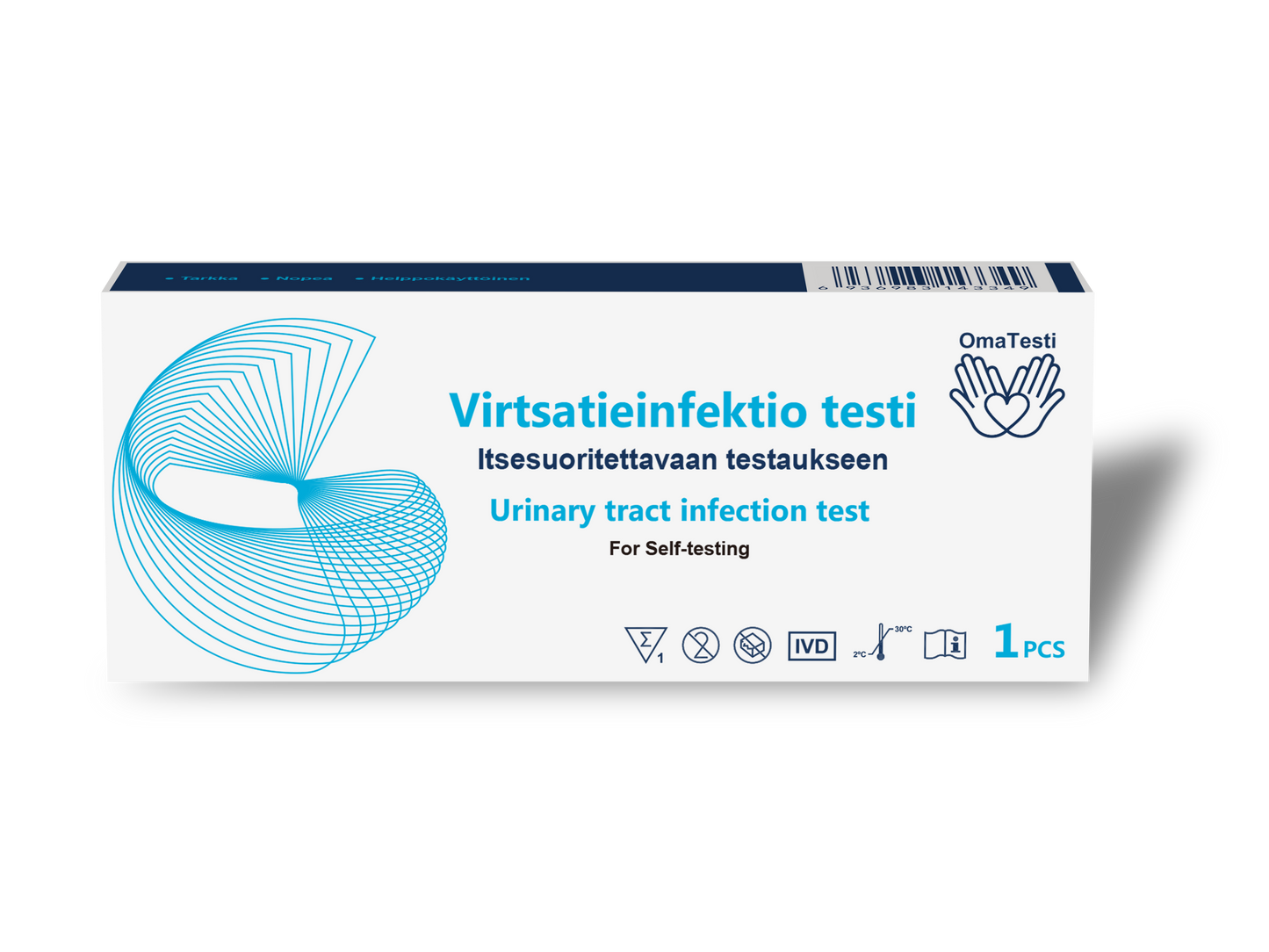 Suorakulmainen pahvilaatikko, jossa lukee suomeksi ja englanniksi virtsatieinfektiotesti. Laatikon pinta on mattavalkoinen sinisin geometrisin kuvioin, useita yksinkertaisia lääketieteellisiä kuvakkeita sekä OmaTesti-logo etupuolella. Pääteviivatonta typografiaa käytetään mustana ja sinisenä. Pakkaus ilmoittaa sisältävänsä yhden kattavan kotitestipakkauksen kotikäyttöön. Ihmisiä tai taustaesineitä ei näy; tuote on eristetty yksiväriselle taustalle.