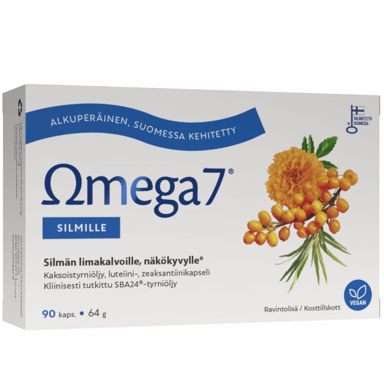 Omega7 Eye -pakkaus, valkoinen-oranssi mattapintainen rasia kehäkukka- ja tyrnimarjakuvituksella; vegaani- ja lääkevalmistemerkinnät