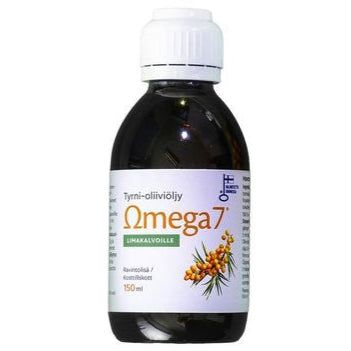 Omega7 Tyrniöljy-Oliiviöljy-pullo valkoisella korkilla; etiketissä tyrnimarjoja sekä vihreitä ja oransseja yksityiskohtia