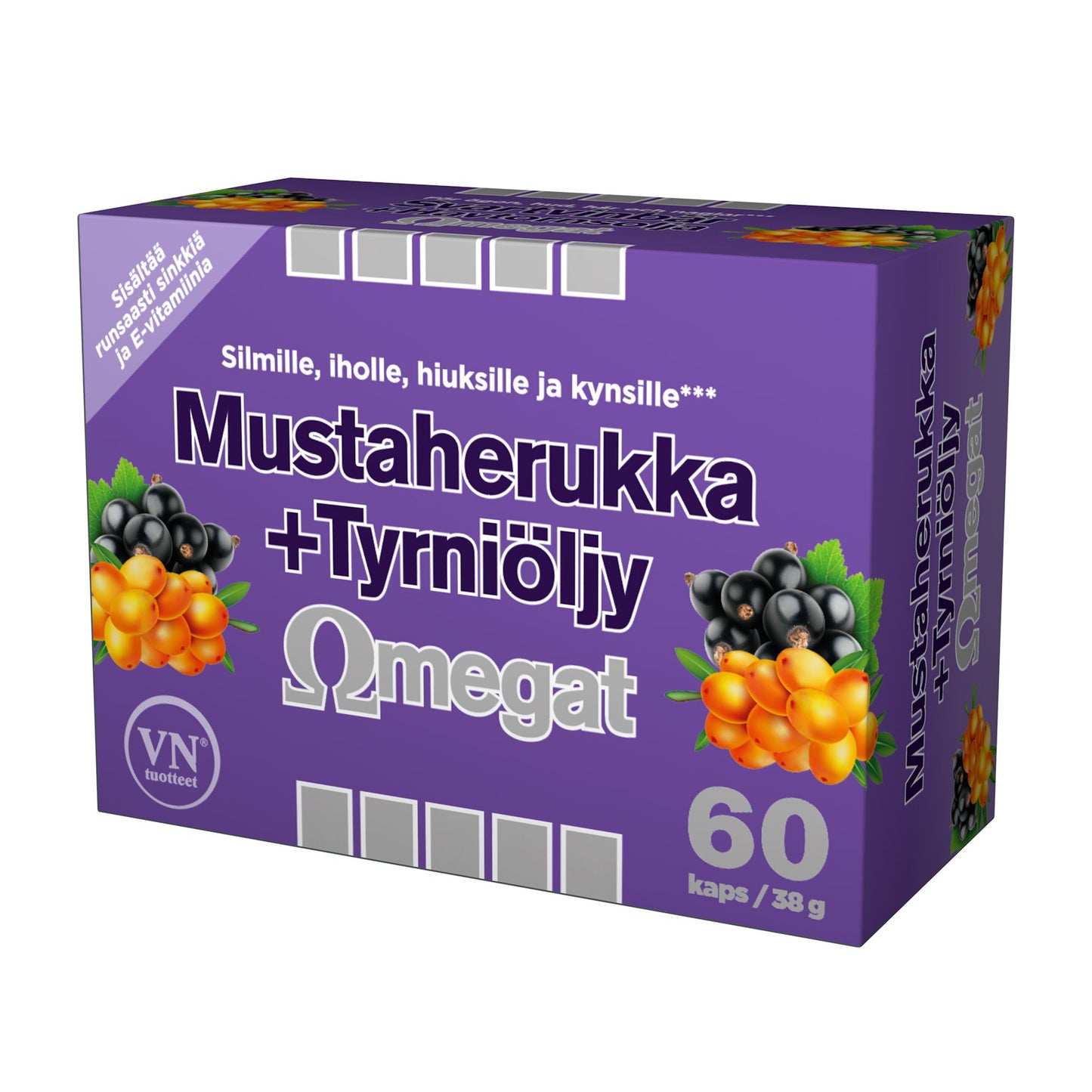 Omegat Mustaherukka + Tyrniöljy -pakkaus, 60 kapselia; violetti suorakaiteen muotoinen mattapintainen rasia, valokuvamaisia mustaherukka- ja tyrnimarjakuvia, suomenkielinen teksti silmien, ihon, hiusten ja kynsien hyvinvoinnista