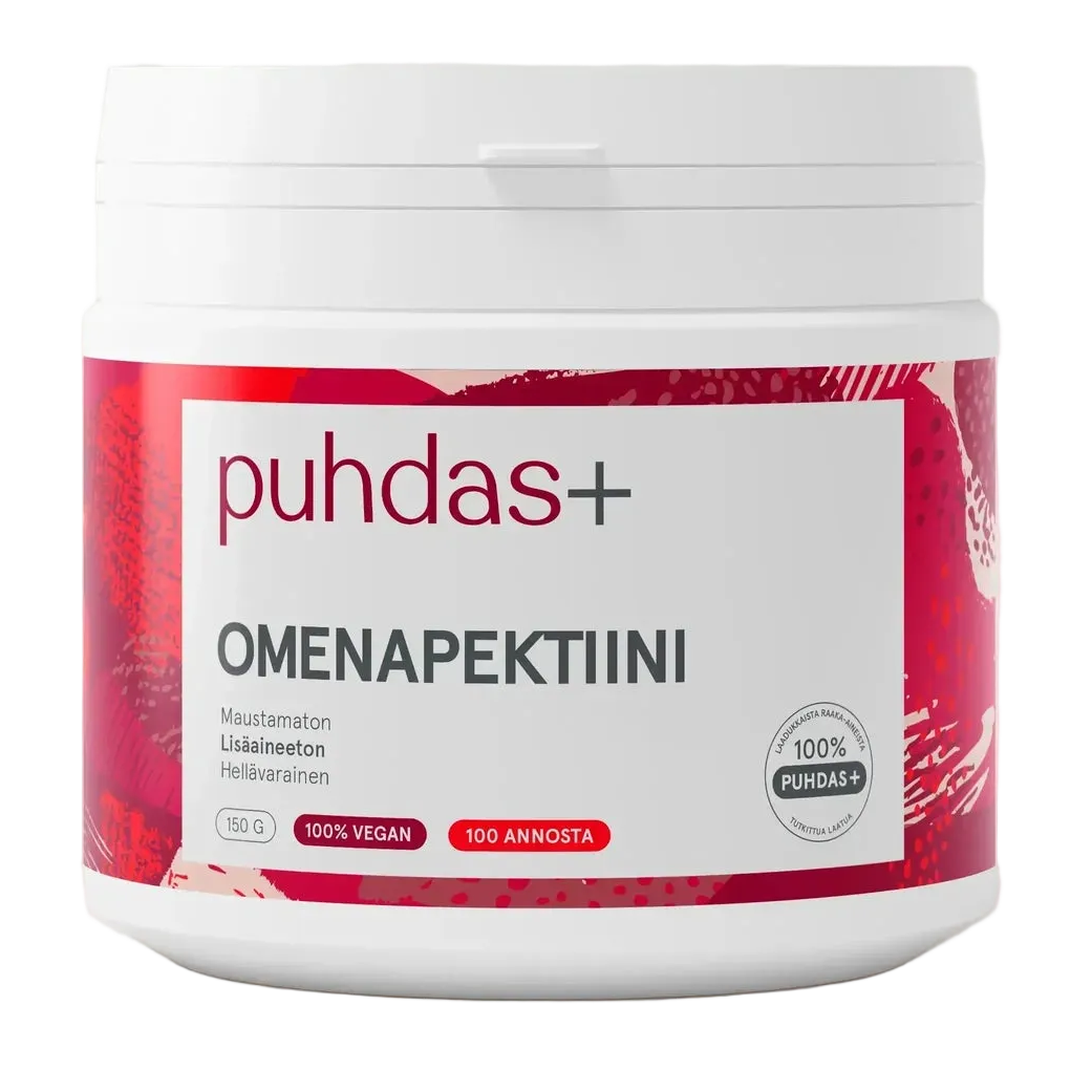 puhdas+ Omenapektiini -purkki, valkoinen mattamuovi, punaiset ja harmaat grafiikat; vegaaninen omenapektiinijauhe, 100 annosta, 150 g, pienaakkosinen groteskiteksti