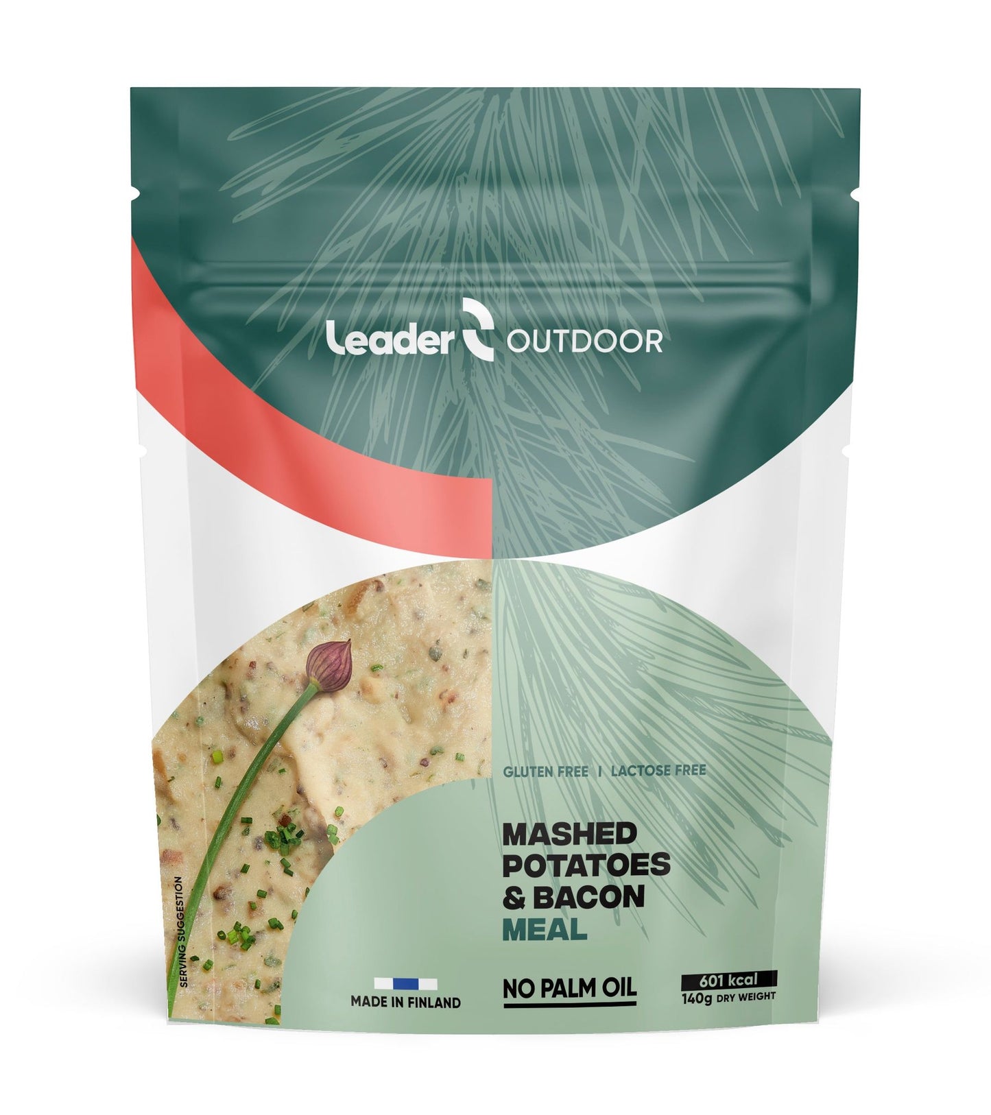 A pouch labeled Leader Outdoor Mashed Potatoes & Bacon Meal. Packaging is matte with a rectangular shape, predominantly white with green accents. Pine needle graphic is printed on the front. Text notes No Palm Oil, Gluten Free, Lactose Free, and Made in Finland. Typeface is bold sans-serif for main product name, smaller fonts for details. No people or objects visible; neutral background; front-facing product shot.