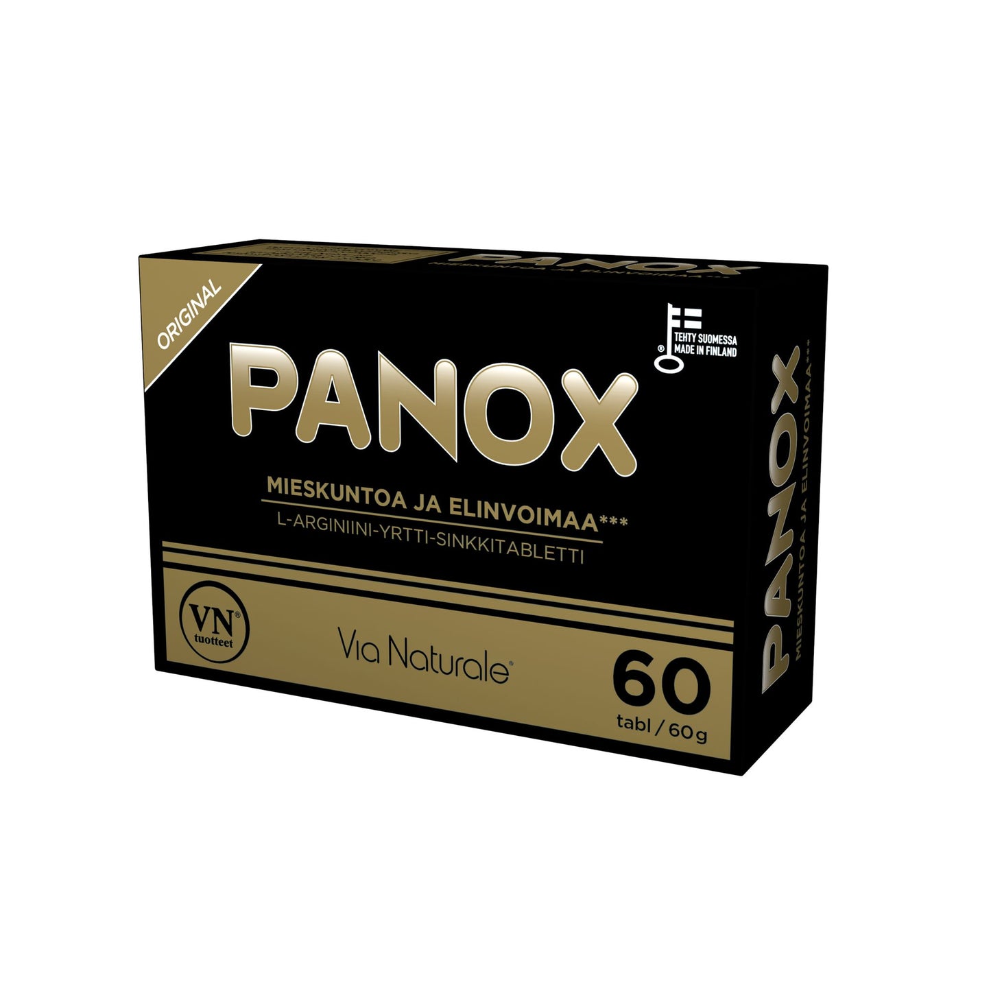 Via Naturale Panox -pakkaus, musta-kultainen suorakaiteen muotoinen rasia, 60 tablettia, teksti suomeksi
