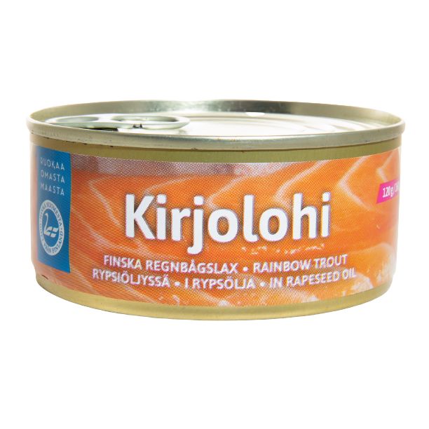 Pielisen Kala Kirjolohi; tölkki Kirjolohta rypsiöljyssä eloisin oransein kalakuvin etiketissä valkoisella taustalla; metallitölkki sylinterinmuotoinen mattapinnalla ja lohkokirjasimin tuotetiedoille; etiketissä luettava teksti "Kirjolohi rainbow trout in rapeseed oil"; ei ihmisiä tai käsiä kuvassa.
