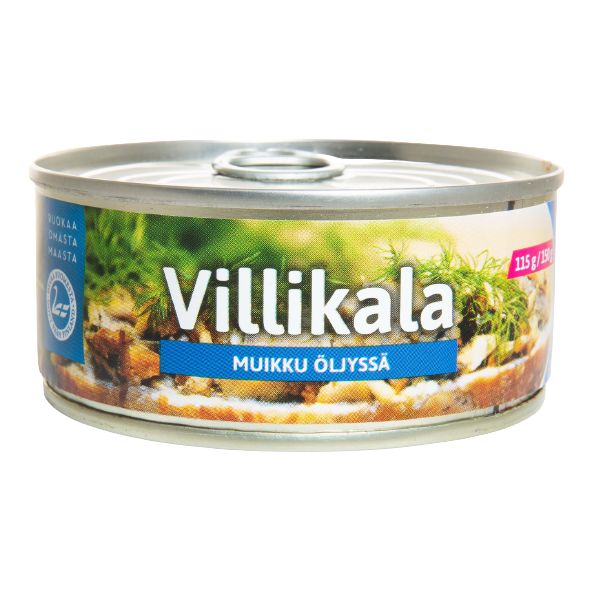 Pielisen Kala Villikala Muikku öljyssä; tölkki Villikala Muikku Öljyssä -suomalaista säilykekalaa öljyssä, värikäs etiketti näyttää tuoreita muikunpaloja ja yrttejä; metallitölkki sylinterinmuotoinen vetorengaskannella kiiltäväpintaisena; etiketissä eloisia värejä, kala- ja yrttikuvituksia sekä selkeä lihavoitu tuotenimi; ei ihmisiä tai toimintaa kuvassa, tausta neutraali ja pelkistetty.