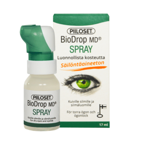Piiloset BioDrop MD Spray; pullo ja rasia Piiloset BioDrop MD Spray -tuotetta kuiville silmille, kuva vihreästä silmästä ja tuotetiedot suomeksi ja ruotsiksi; valkoinen muovipullo sylinterin muotoinen mattavihreällä korkilla ja yhteneväisellä etiketillä groteskitekstillä; molemmissa pakkauksissa brändinimi näkyvästi esillä; tausta valkoinen, ei ihmisiä tai käsiä.