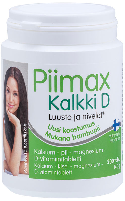 Piimax Kalkki D; valkoinen muovipullo Piimax Kalkki D -ravintolisää, sylinterinmuotoinen ja mattapintainen; etiketti on vihreä-valkoinen värikuvalla hymyilevästä naisesta; etiketissä suomenkielistä tekstiä vitamiineista, kivennäisaineista ja piidioksidista luiden ja nivelten tueksi selkeällä groteskikirjasimella; ei muita esineitä tai ihmisiä näkyvissä; studiotausta, tuote pystyssä.