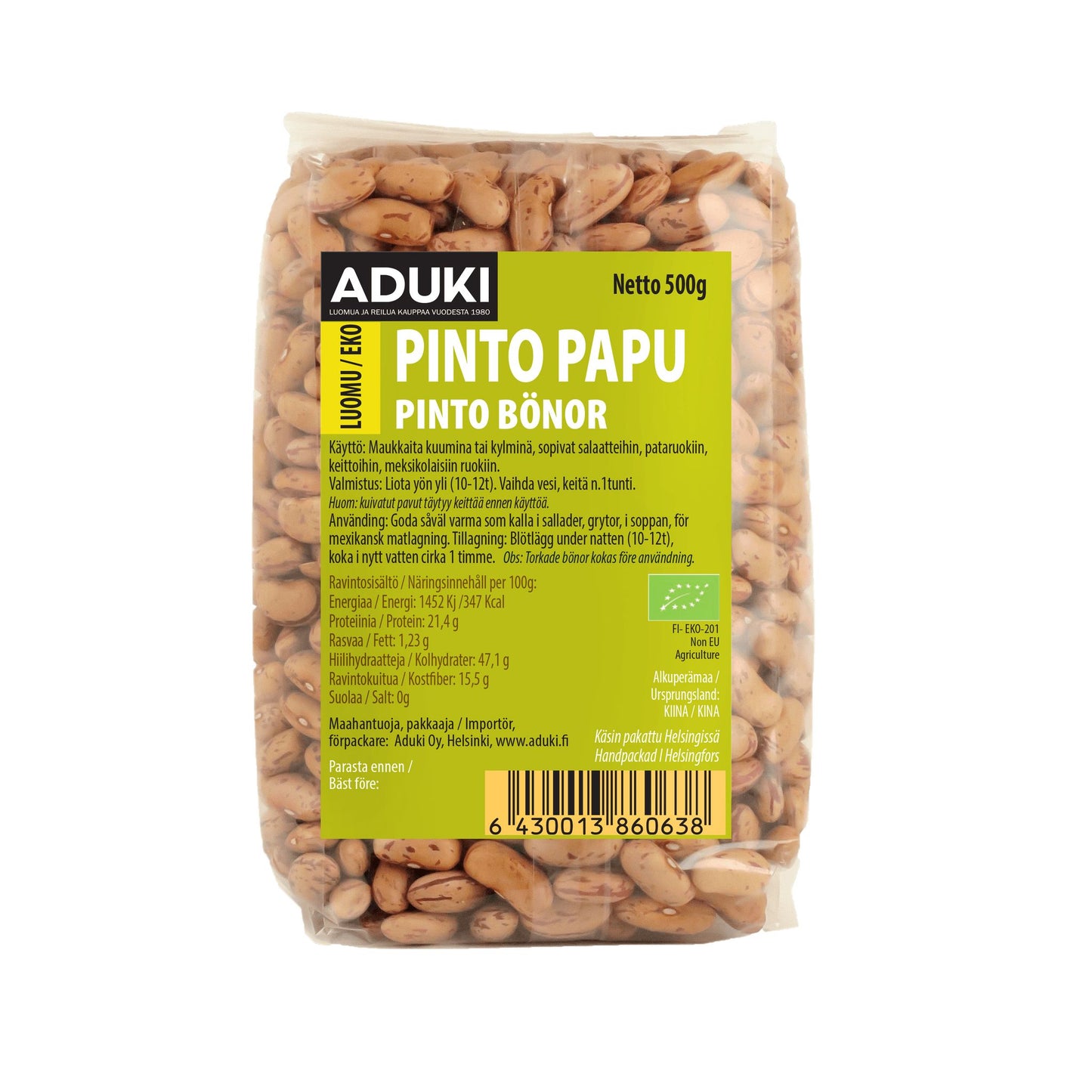 Aduki Luomu Pintopapu -pakkaus, teksti suomeksi ja ruotsiksi; kirkas muovipussi, vihreä-valkoinen etiketti, vaaleanruskeita täplikkäitä papuja näkyvissä, 500 g