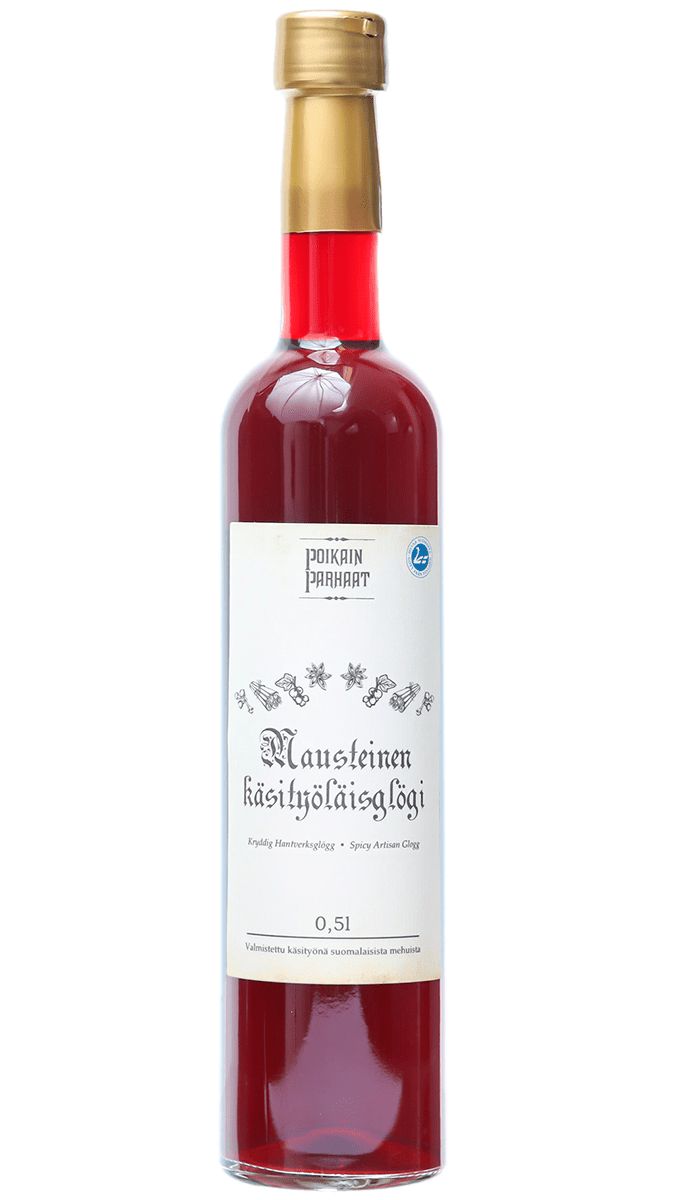 A clear glass bottle with red liquid and a gold cap. The surface is glossy. The label is white, featuring “Mausteinen käsityöläisglögi” in decorative lettering and small graphic elements. The bottle holds 0.5 liters. No people or hands are visible; background and setting are not specified in the image provided.