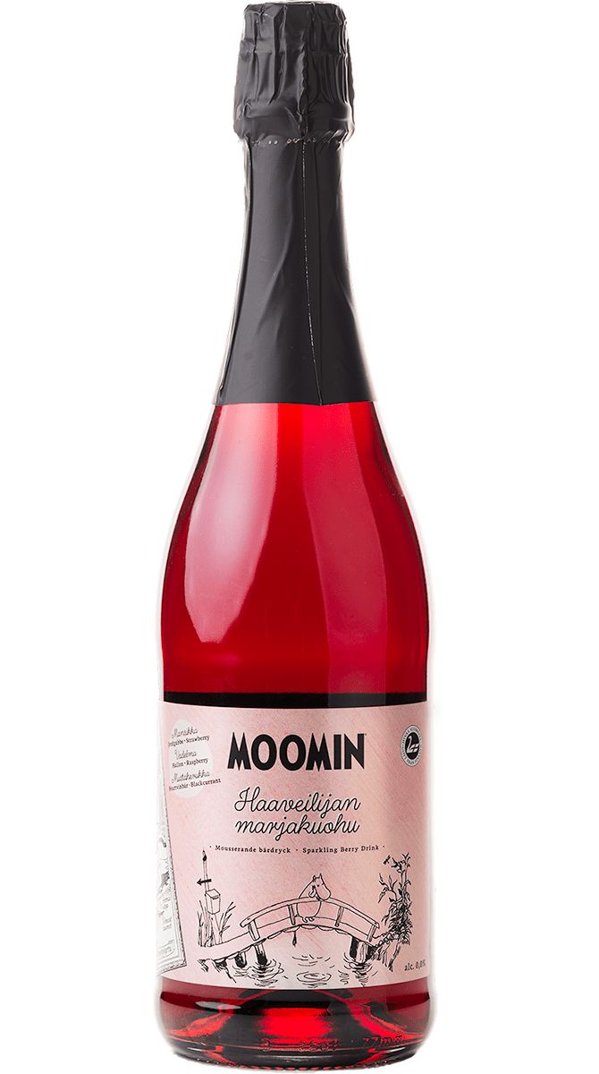 A bottle of Moomin Haaweellinen marjakuohu, a red sparkling drink in a clear glass bottle with glossy finish, light pink paper label around the body. Label shows stylized Moomin cartoon figures seated near water. Brand name in large rounded font at the top; flavor details smaller below. Photo features just the product, neutral background, no people or extra objects visible.