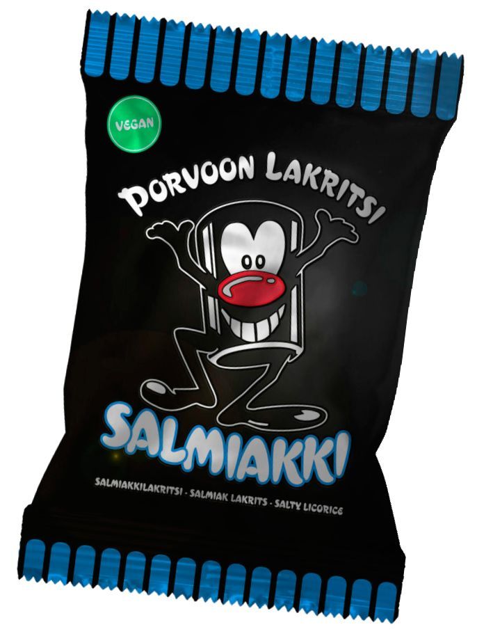 Porvoon Lakritsi Salmiakki, musta karkkipussi tekstillä "Porvoon Lakritsi Salmiakki", etusivulla leveäsuinen sarjakuvahahmo heiluttamassa käsiä ja punainen nenä; pakkaus kiiltäväpintainen ja suorakaiteen muotoinen lihavoiduin valkoisin kirjaimin, pienempiä punaisia yksityiskohtia; etusivulla tieto vegaanisuudesta ja perinteisestä suolaisesta lakritsista; kuvassa vain pakkaus yksinkertaista taustaa vasten.