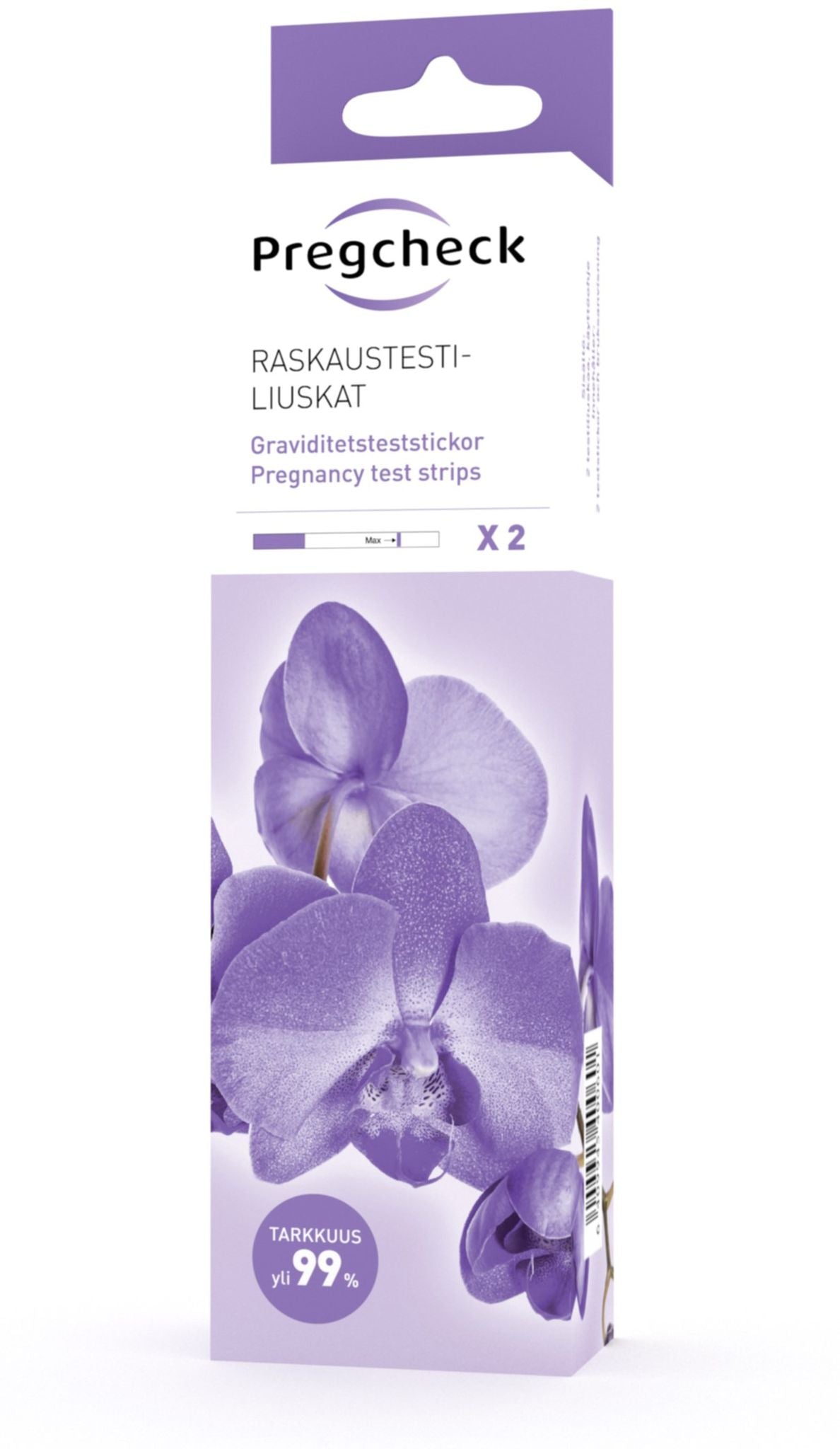 Pregcheck Raskaustestiliuskat -pakkaus; violetti, suorakulmainen ja mattapintainen rasia, kuvituksena orkidean kukkia; suomen-, ruotsin- ja englanninkielinen teksti; etiketissä valkoista ja pinkkiä tekstausvapaata tekstiä, maininta kahdesta testiliuskasta sekä yli 99 %:n tarkkuudesta; kuvattu yksiväristä pintaa vasten, ei ihmisiä tai muita esineitä.