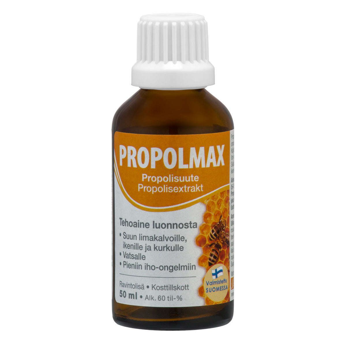 Propolmax; ruskea lasipullo tekstillä "Propolmax", kuvituksena hunajakenno ja mehiläinen sekä teksti suomeksi ja ruotsiksi; sylinterinmuotoinen pullo kiiltäväpinnalla, yksinkertainen valkoinen ruuvikorkki, sisältö 50 ml; etiketti lihavoitua groteskitekstiä päätekstille; ei ihmisiä tai käsiä kuvassa, tausta neutraali.