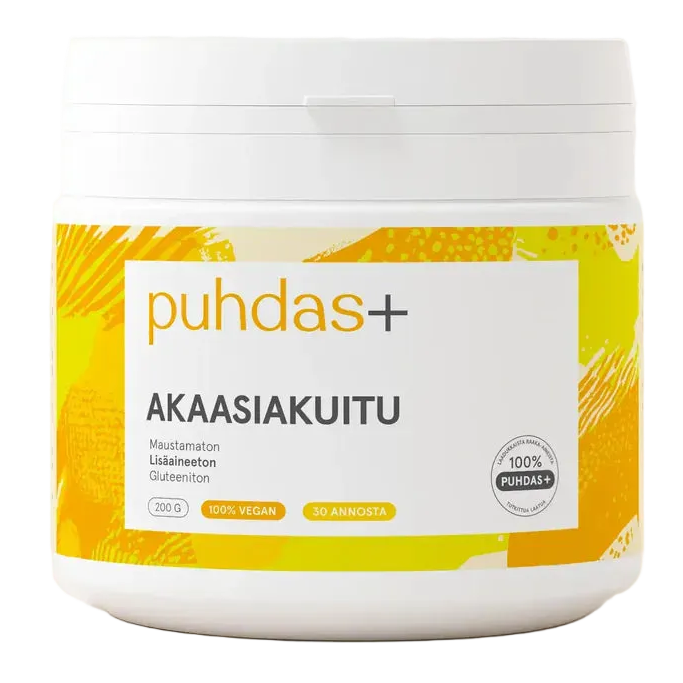 puhdas+ Akaasiakuitu -purkki, valkoinen-keltainen mattamuovi, sylinterinmuotoinen; vegaaninen prebioottinen kuitulisä, 200 g, 30 annosta, teksti suomeksi ja englanniksi