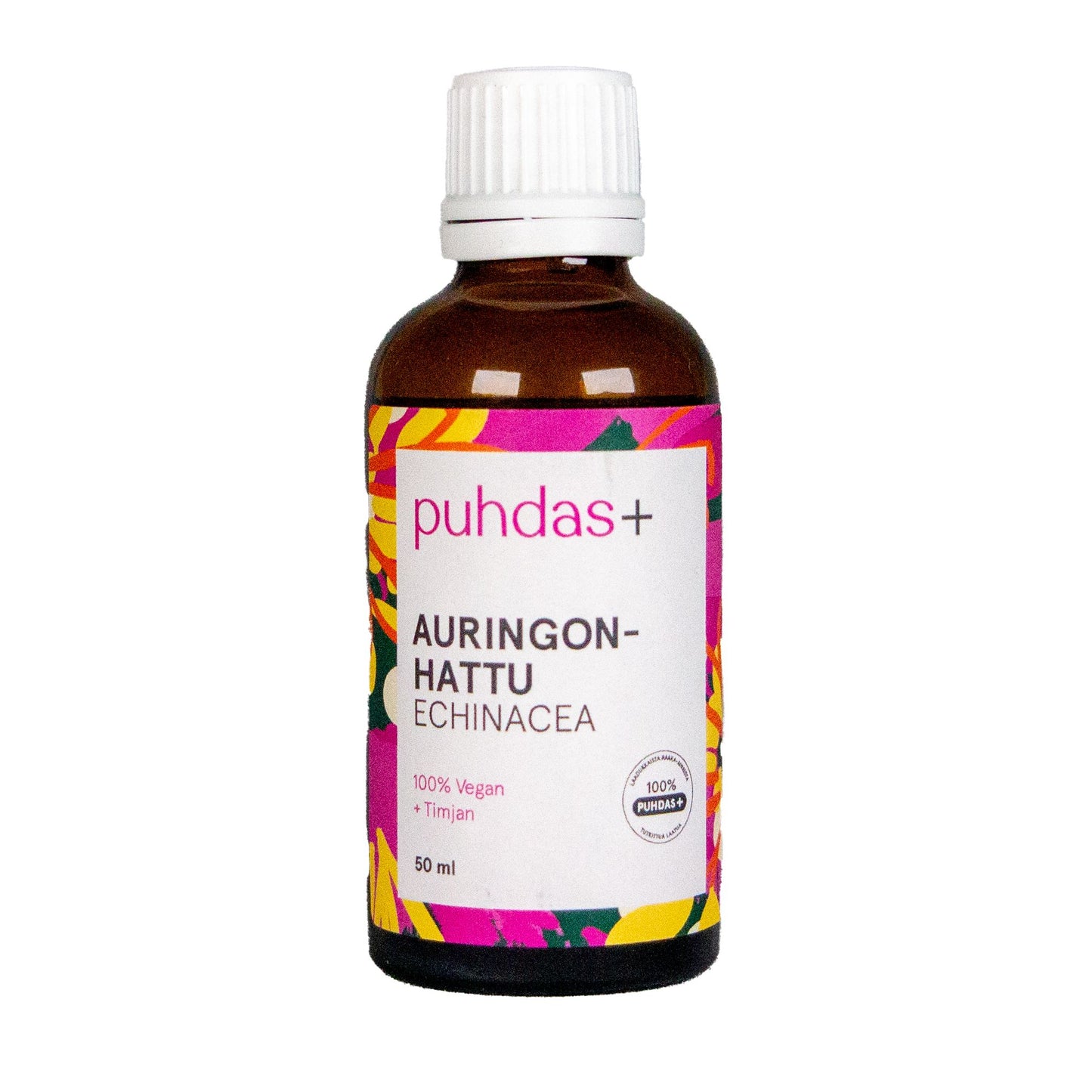 A brown bottle with a white plastic cap labeled puhdas+ AURINGONHATTU ECHINACEA is shown. The label includes multicolored floral illustrations and text stating 100% vegan, along with the volume of 50 ml. The typography is mostly sans-serif, with some text in bold. The surface of the bottle appears glossy. No people or hands are visible; shot against a plain background.