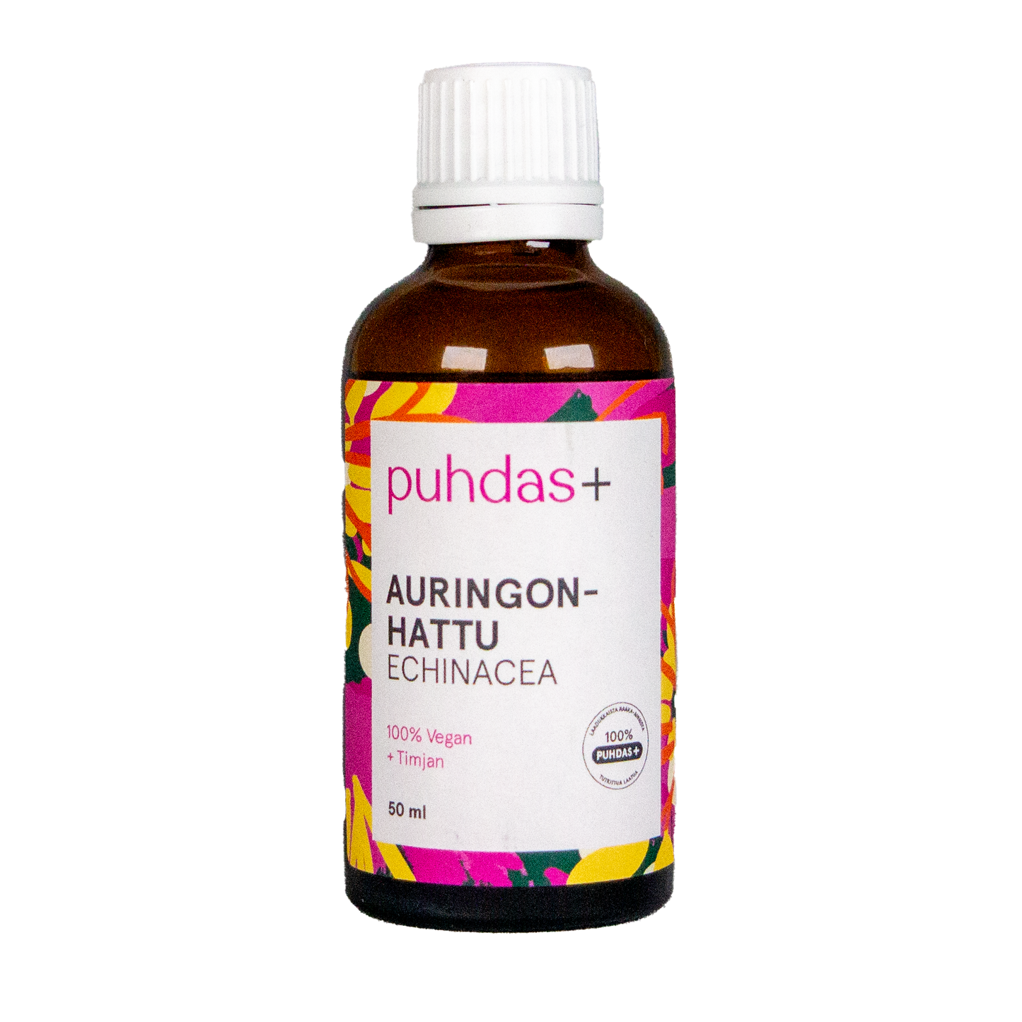 Ruskea lasipullo merkinnällä puhdas+ Auringonhattu Echinacea erottuu värikkäällä etiketillään, jossa on vaaleanpunaisia ja keltaisia geometrisia kuvioita. Matta etiketti käyttää pääteviivatonta typografiaa. Pakkaus on 50 ml:n lieriömäinen pullo valkoisella muovisella kierrekorkilla. Tausta on neutraali ja pelkistetty; ihmisiä tai käsiä ei näy kuvassa.