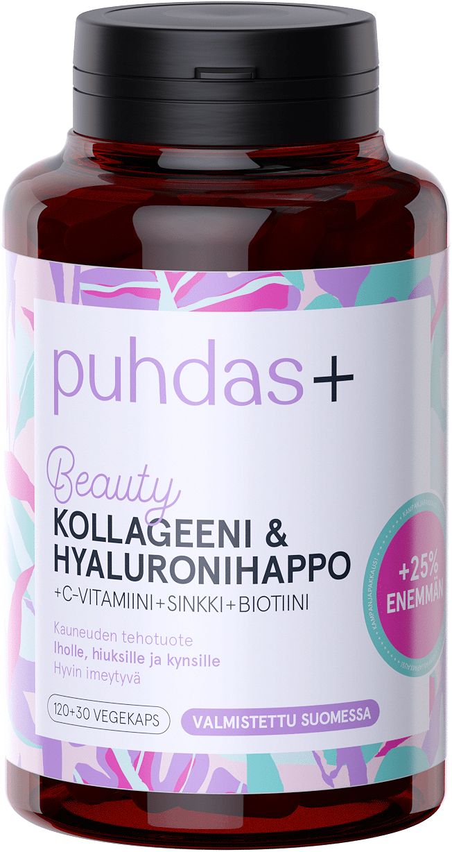 puhdas+ Beauty Kollageeni & Hyaluronihappo; lieriömäinen muovipullo, valkoinen mattapintainen korkki ja kiiltävä violetti etiketti; etiketissä suomenkielistä tuotetietoa groteskityypillä sekä vaaleanpunainen "+25% enemmän" -merkintä; vaalea tausta, ei ihmisiä; tavanomainen tuotekuva.