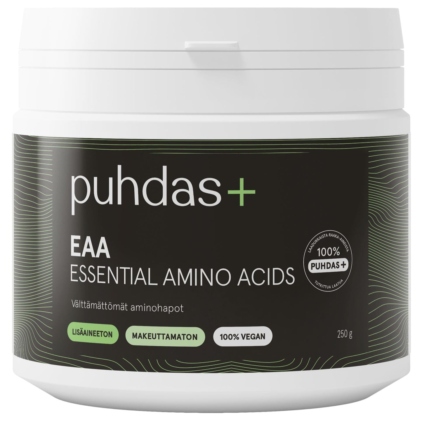 Puhdas+ EAA Essential Amino Acids; valkoinen, mattapintainen muovipurkki, lieriömäinen, kierrekorkki; etiketissä groteskityyppistä tekstiä "puhdas+ EAA Essential Amino Acids", mainintoja 100% vegaanisesta ja lisäaineettomasta koostumuksesta sekä 250 g mauttomasta jauheesta; vihreitä ja mustia graafisia elementtejä; tuote kuvattu yksin vaalealla taustalla.
