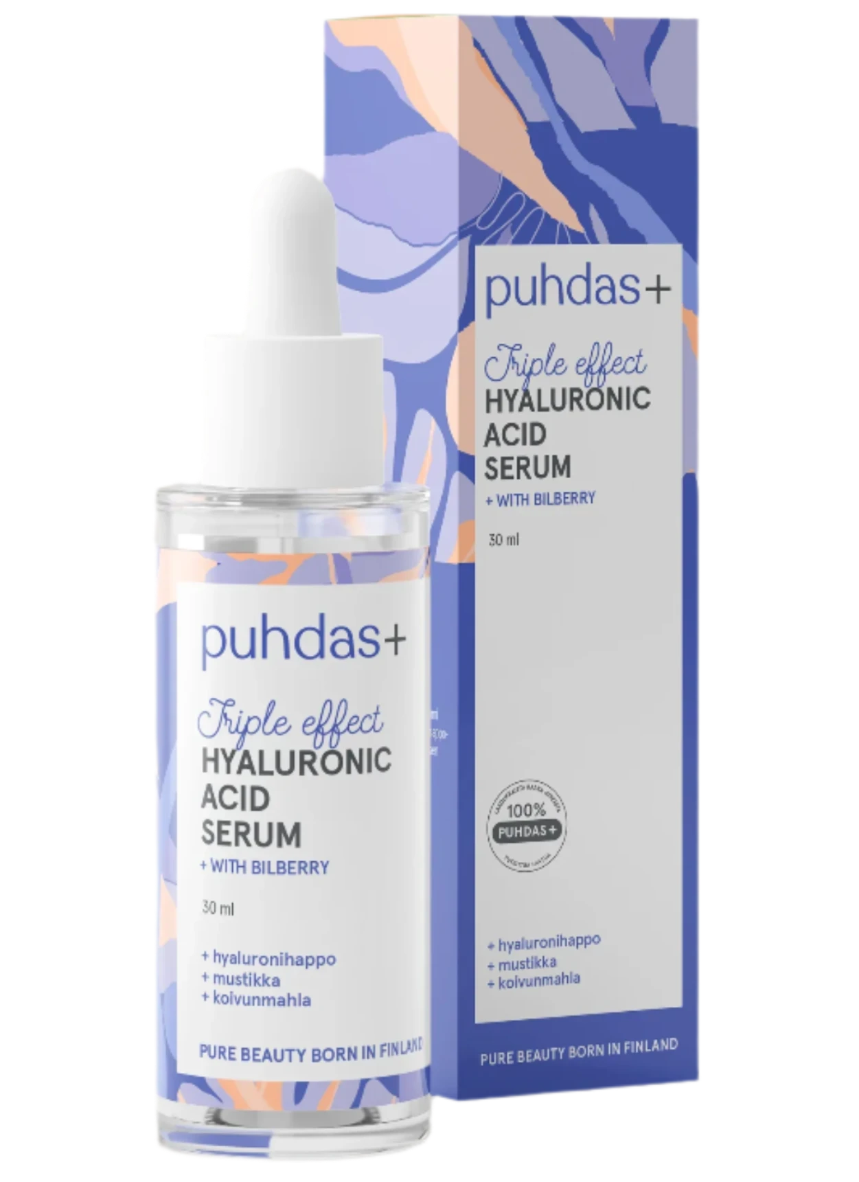 Puhdas+ Hyaluronihapposeerumi + Mustikka; Puhdas+ Triple Effect -hyaluronihapposeerumin pullo ja rasia, mustikalla, tiputinkorkki ja sininen-violetti abstrakti kuviointi pakkauksessa; molemmissa tuotenimi, kuvaus ja koko (30 ml) groteskifontilla; pullo lasinen valkoisella muovisella tiputinkorkilla; tuotteet pystyssä vaalealla taustalla.